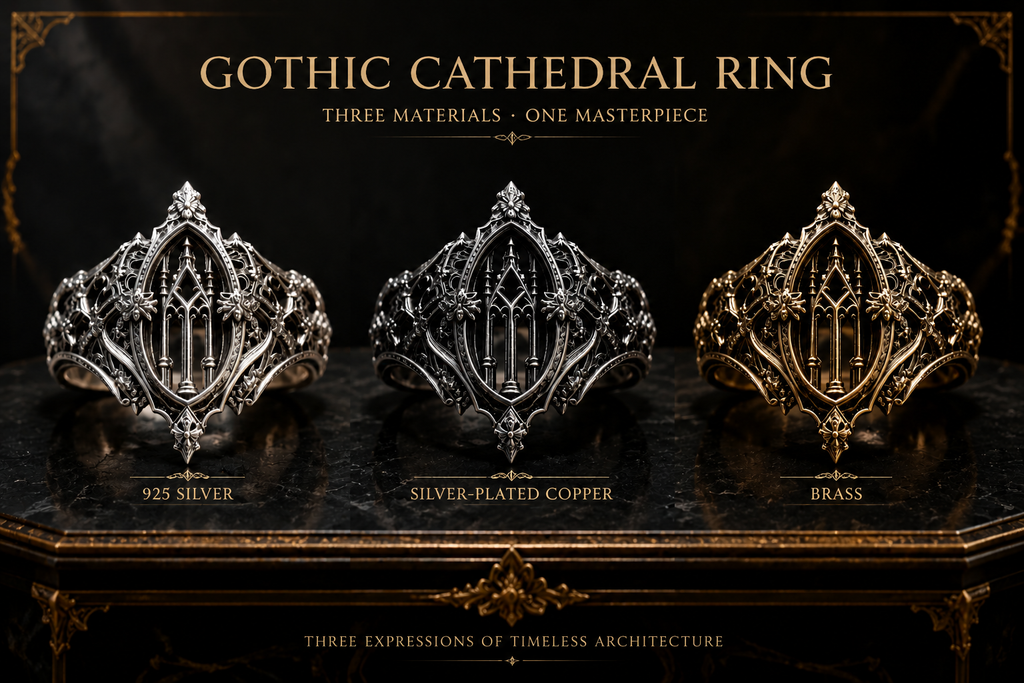 Material options for Kurga Atelier gothic cathedral ring including 925 sterling silver, silver-plated copper, and antique brass finishes for custom witchy statement jewelry.