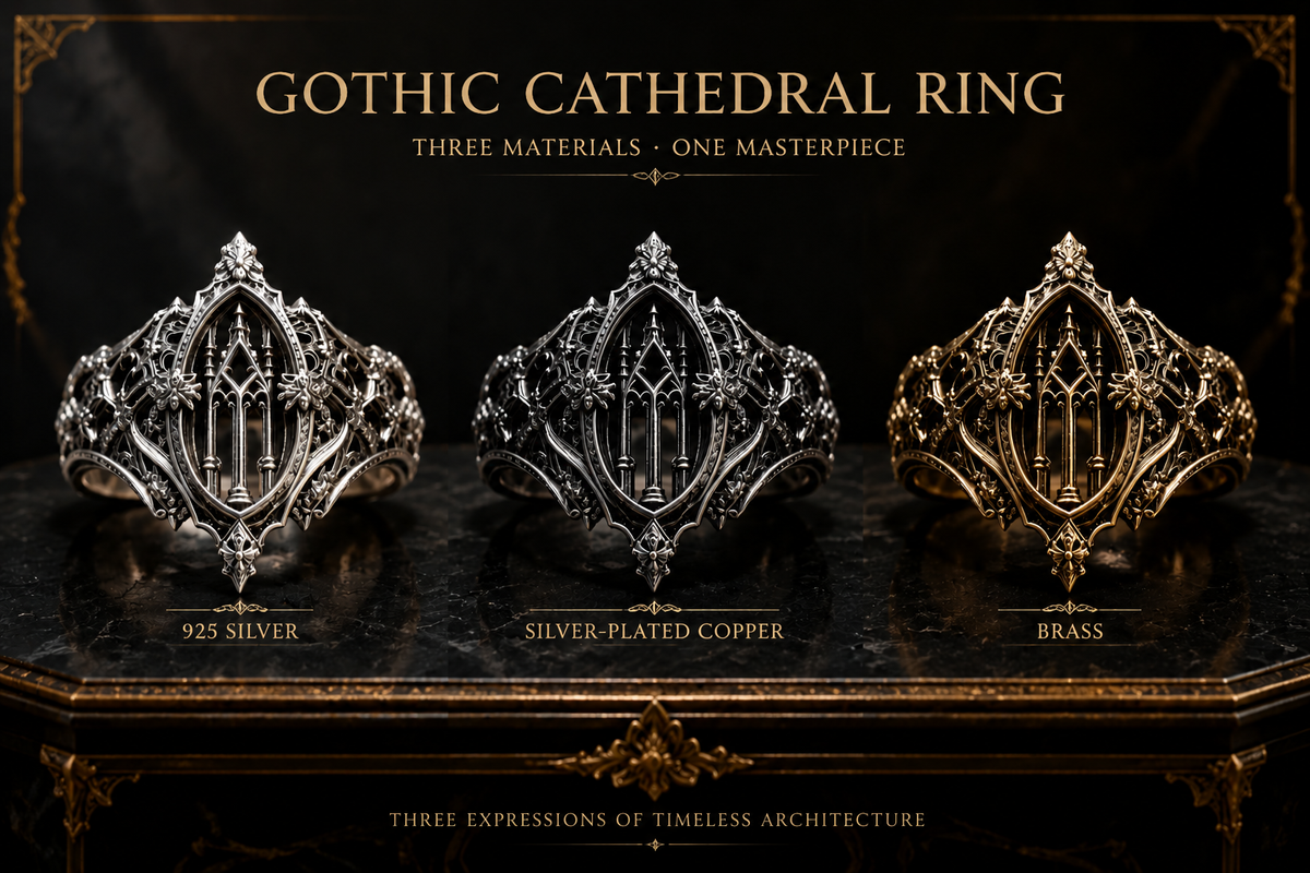 Material options for Kurga Atelier gothic cathedral ring including 925 sterling silver, silver-plated copper, and antique brass finishes for custom witchy statement jewelry.