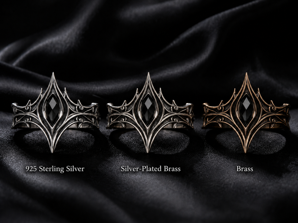 Material options for Kurga Atelier gothic cathedral crown ring including 925 sterling silver, silver-plated copper, and brass, custom metal choice.