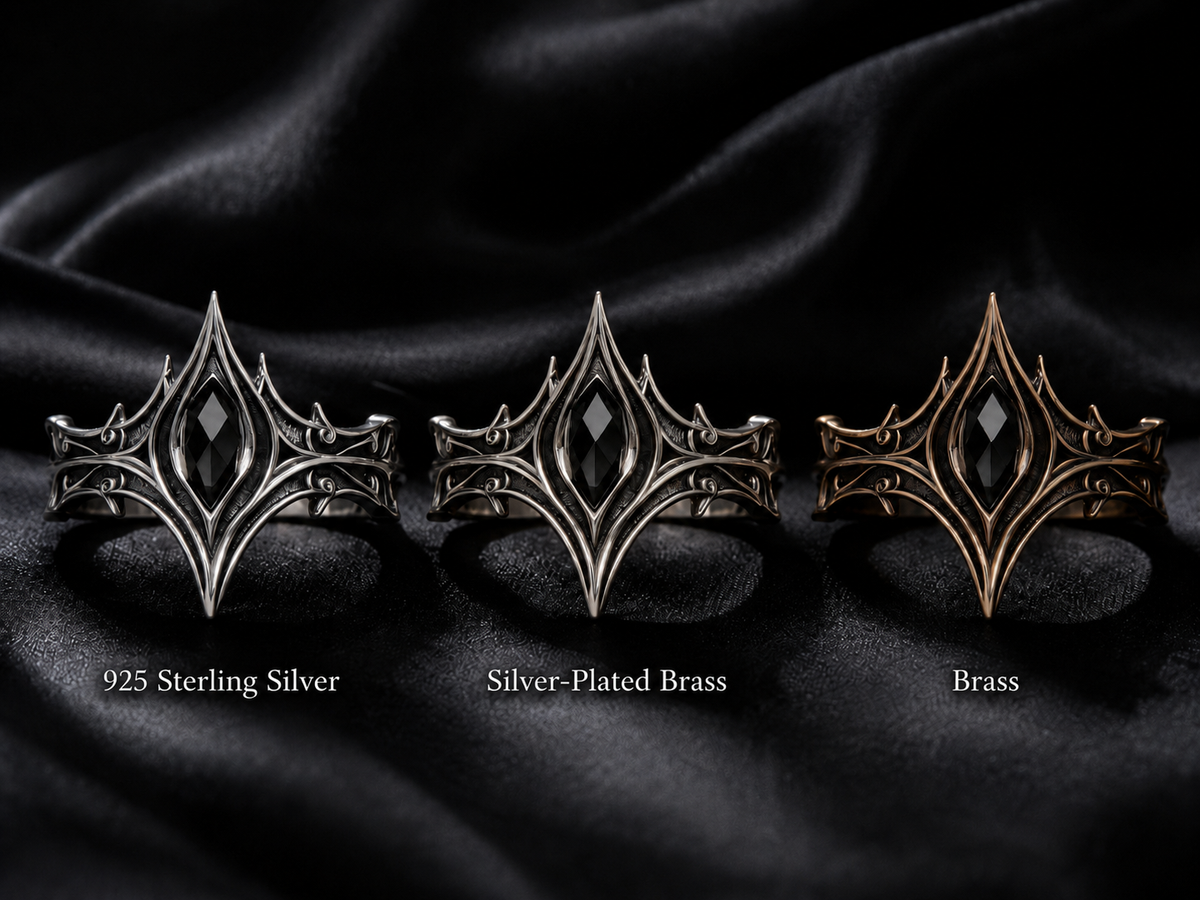 Material options for Kurga Atelier gothic cathedral crown ring including 925 sterling silver, silver-plated copper, and brass, custom metal choice.