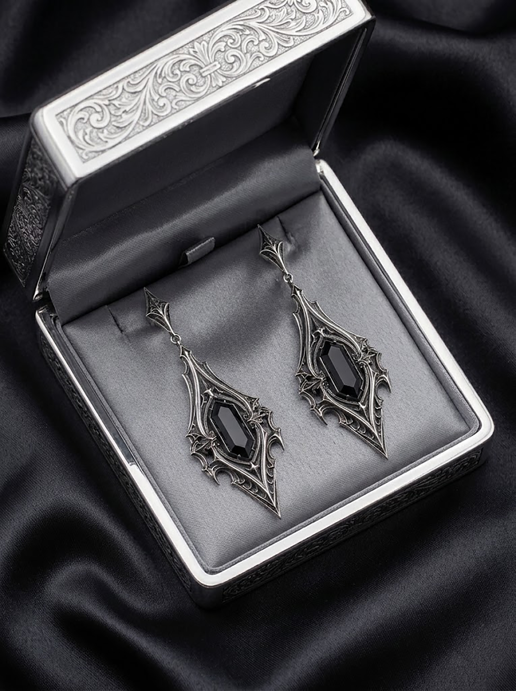kurgaatelier 925 sterling silver gothic cathedral drop earrings presented in a luxury wax-sealed presentation box for dark academia jewelry gift