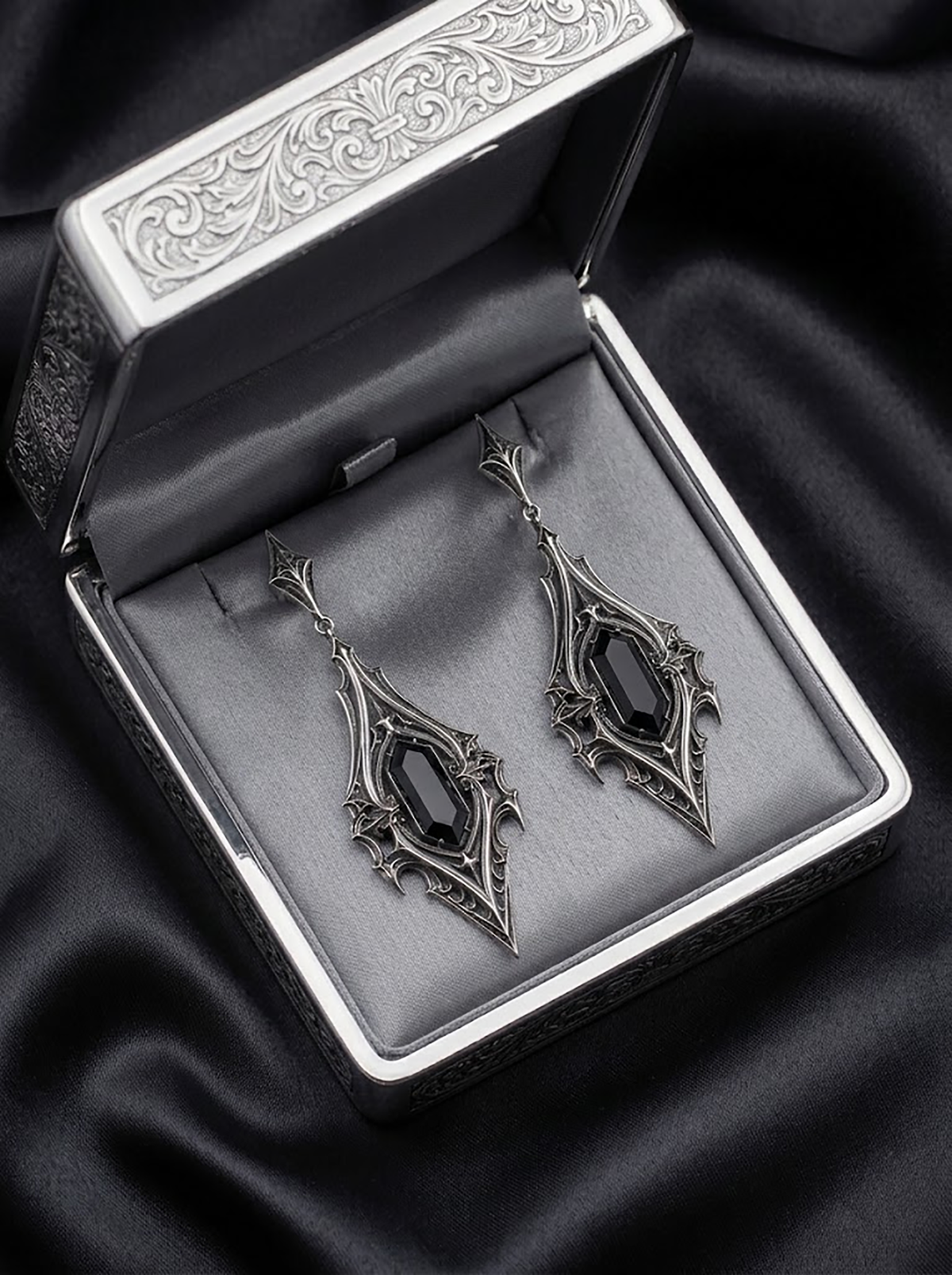 kurgaatelier 925 sterling silver gothic cathedral drop earrings presented in a luxury wax-sealed presentation box for dark academia jewelry gift