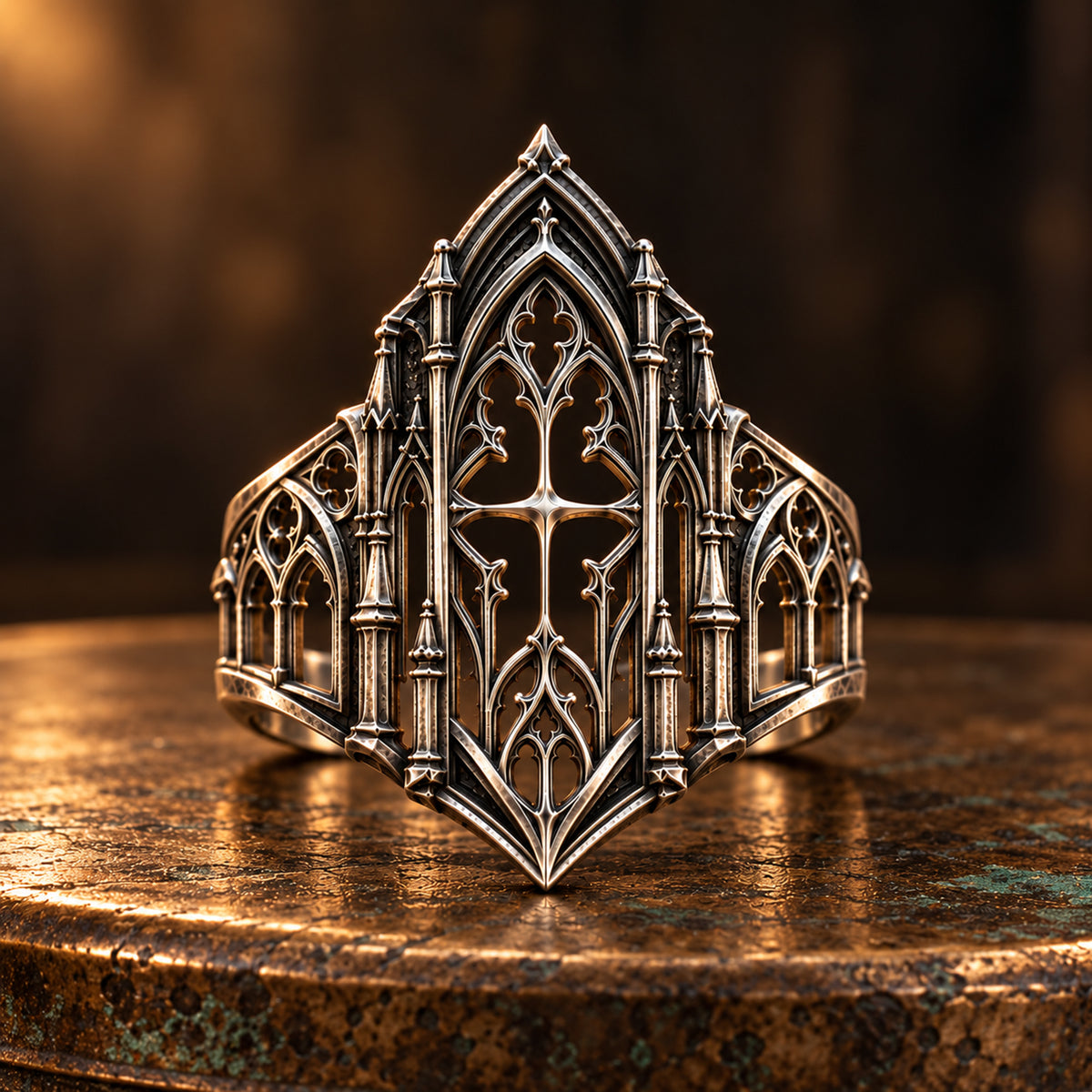 Macro View of Gothic Architectural Spire Sterling Silver Band