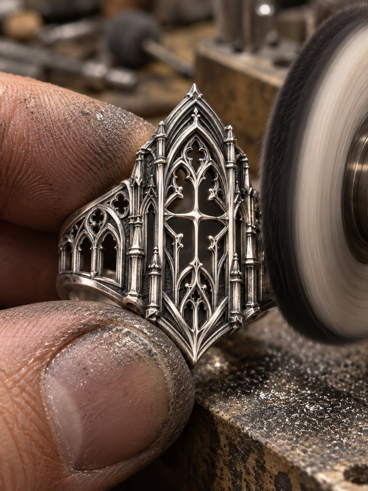 Artisan Hand Polishing Gothic Sterling Silver Ring in Workshop