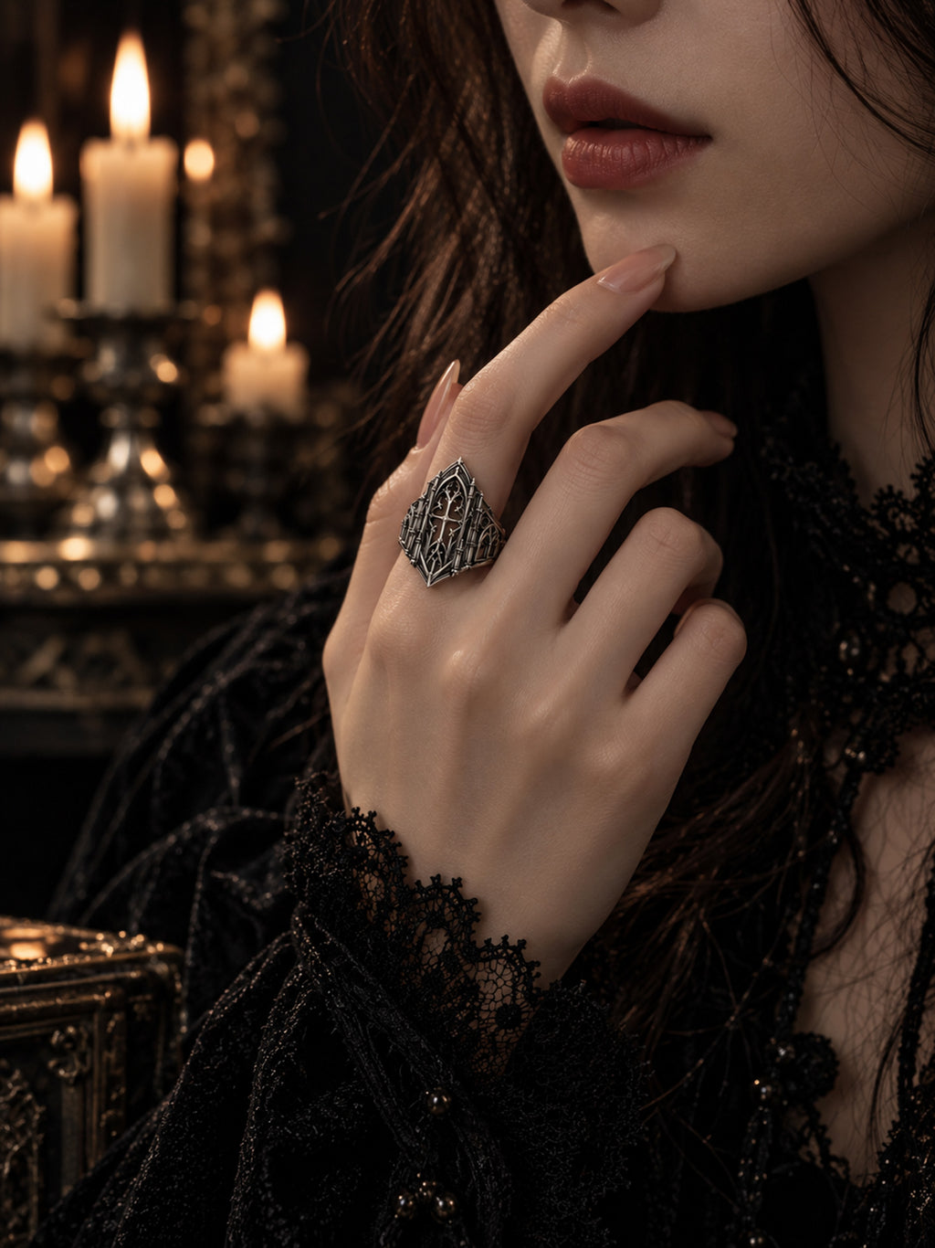 Gothic Alternative Bridal Ring Worn by Woman in Black Lace Outfit