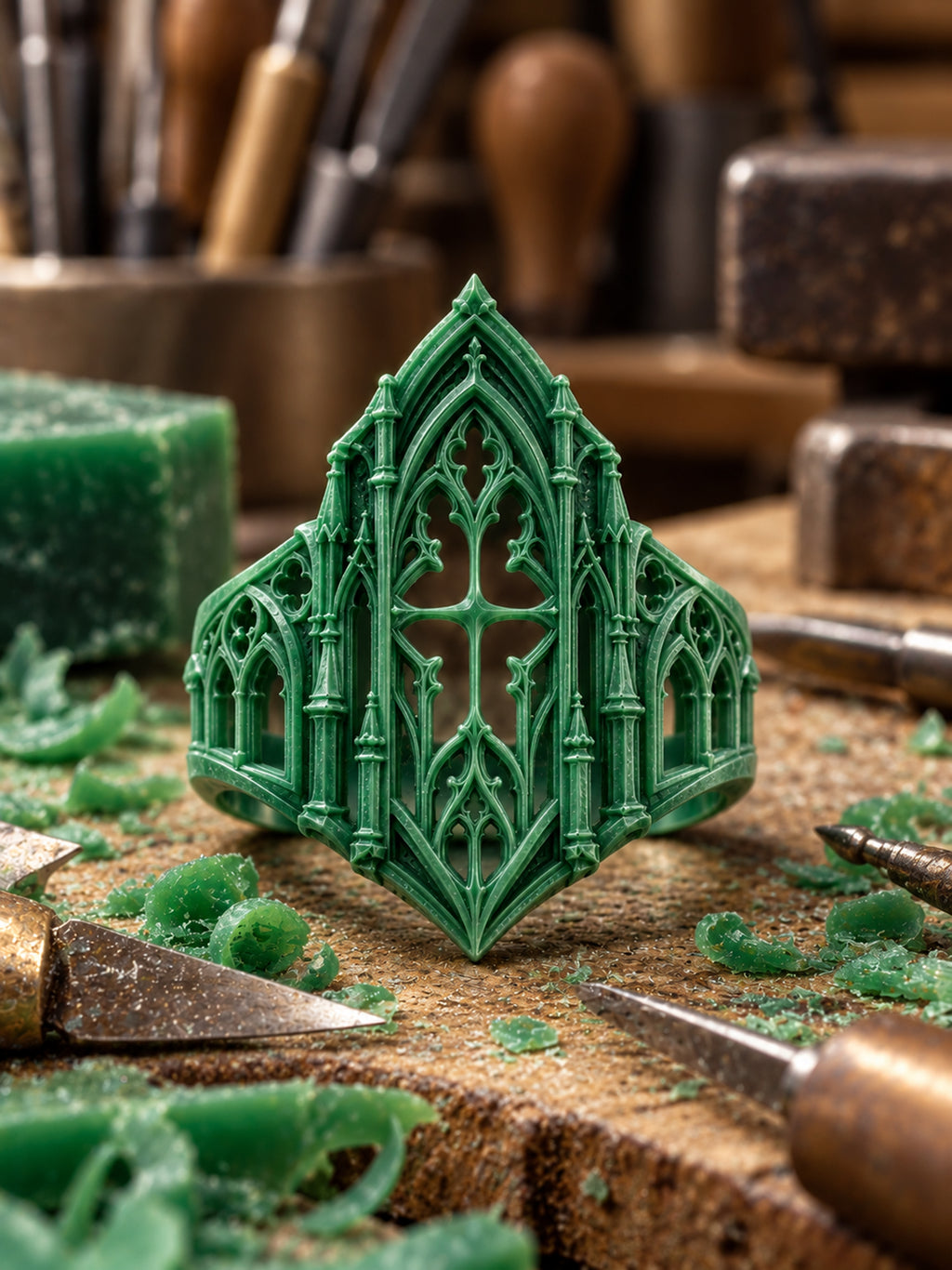 Hand Carved Green Wax Model for Gothic Cathedral Silver Ring Craft
