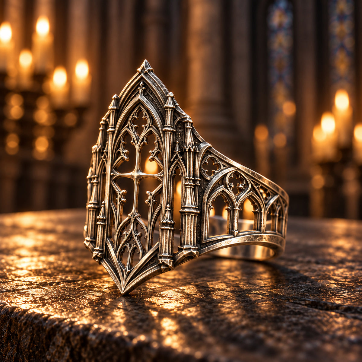 Detailed Gothic Cathedral Vault Ring with Intricate Tracery Design