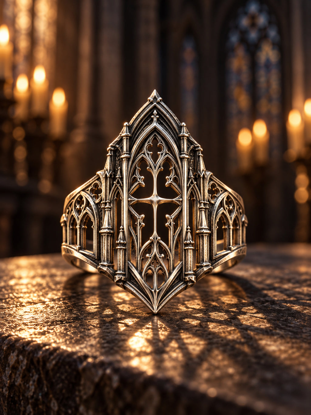 Oxidized 925 Silver Gothic Ring with High Contrast Shadow and Light