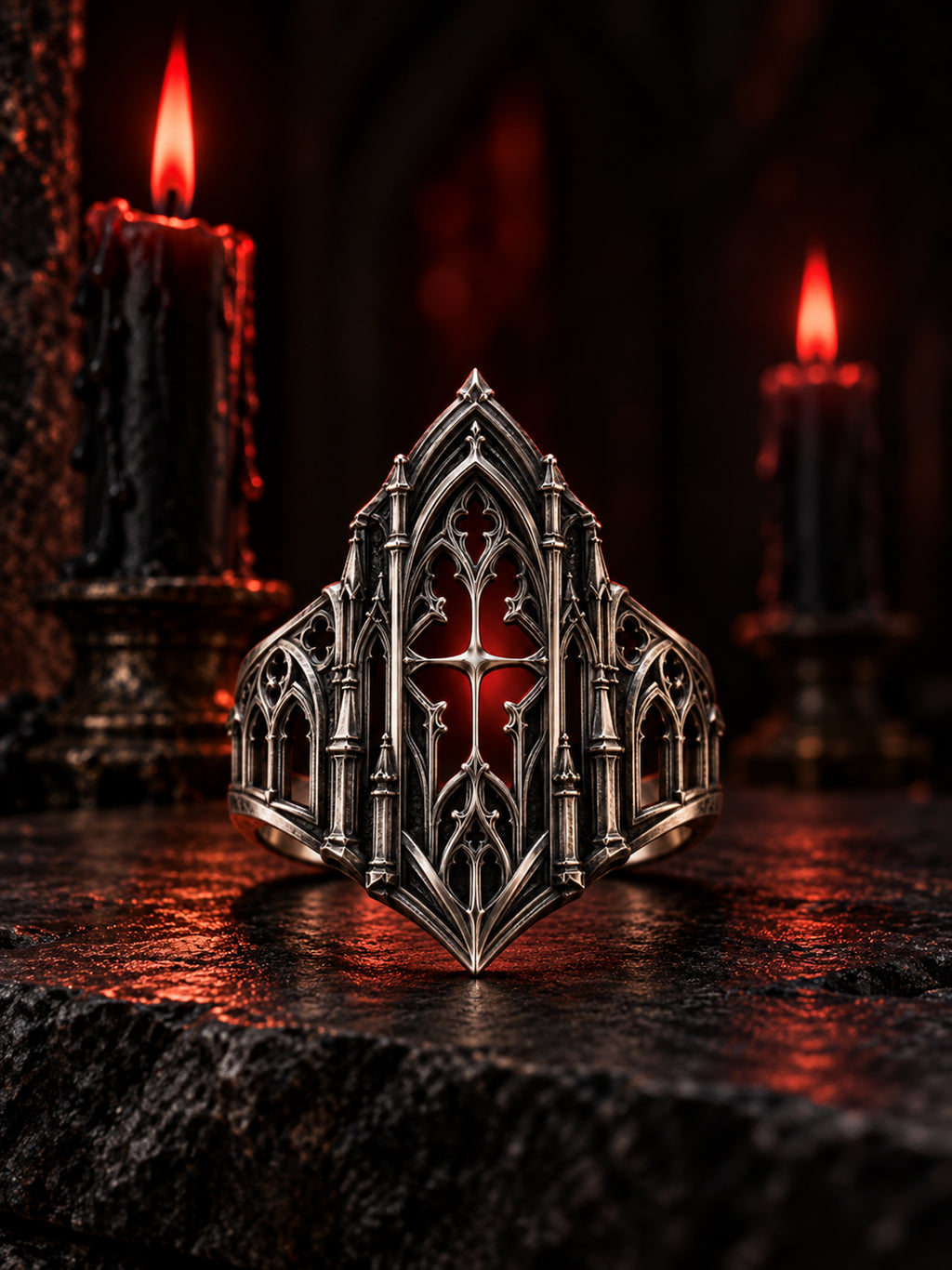 Gothic Cathedral Architecture Ring in 925 Sterling Silver with Candlelight Background