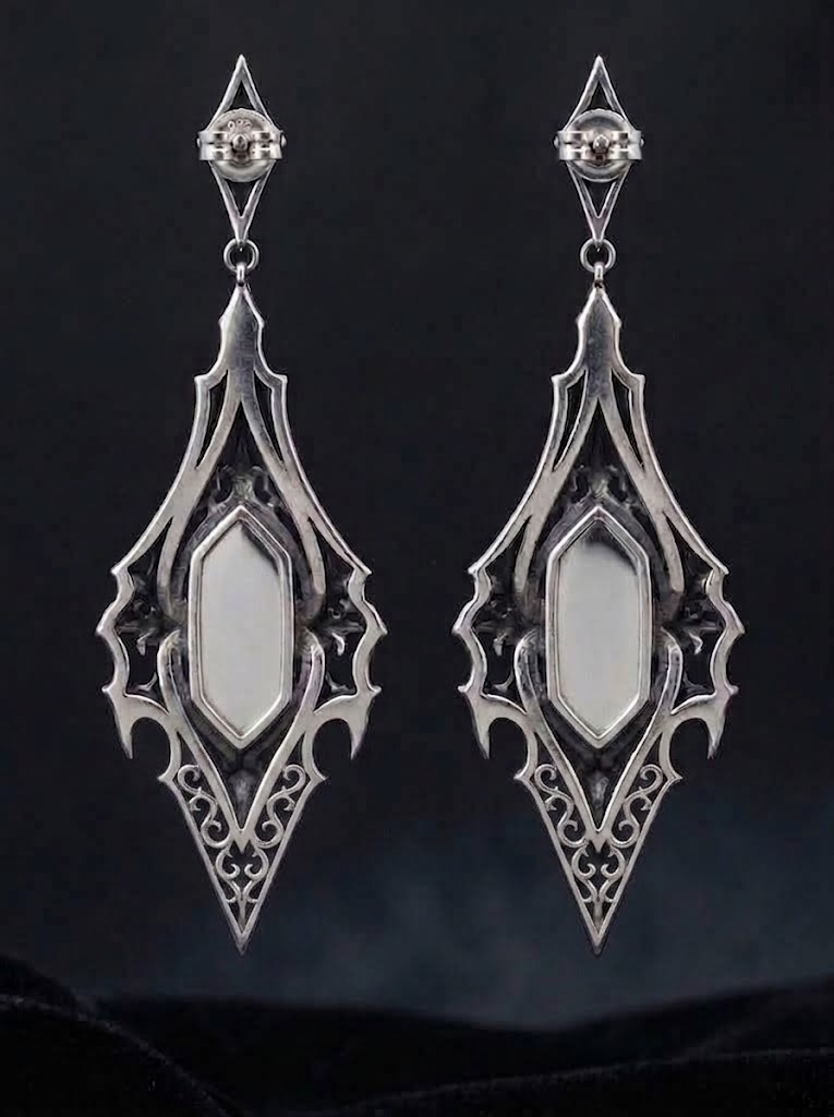 kurgaatelier front view pair of gothic cathedral drop earrings in solid 925 sterling silver with dark academia architectural lancet framework