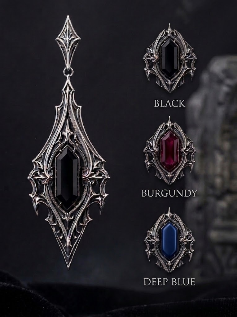 kurgaatelier gothic cathedral drop earrings gemstone color options showing black ruby red and sapphire blue hexagon stones in 925 silver