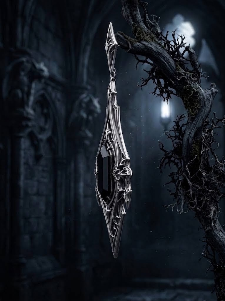 kurgaatelier single gothic drop earring suspended in misty cathedral background showcasing oxidized 925 sterling silver memento mori relic