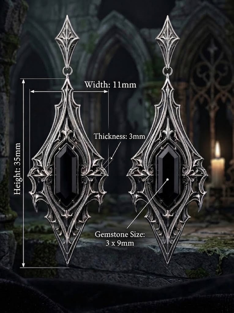 kurgaatelier gothic cathedral drop earrings size chart diagram displaying height width and 3x9mm hexagon gemstone dimensions in millimeters