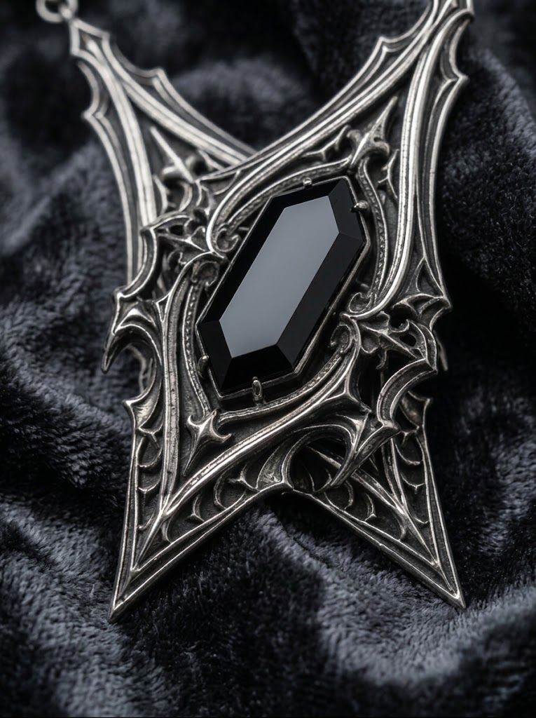 kurgaatelier macro detail of gothic cathedral drop earring featuring precision hexagon-cut black gemstone and oxidized silver rib vault
