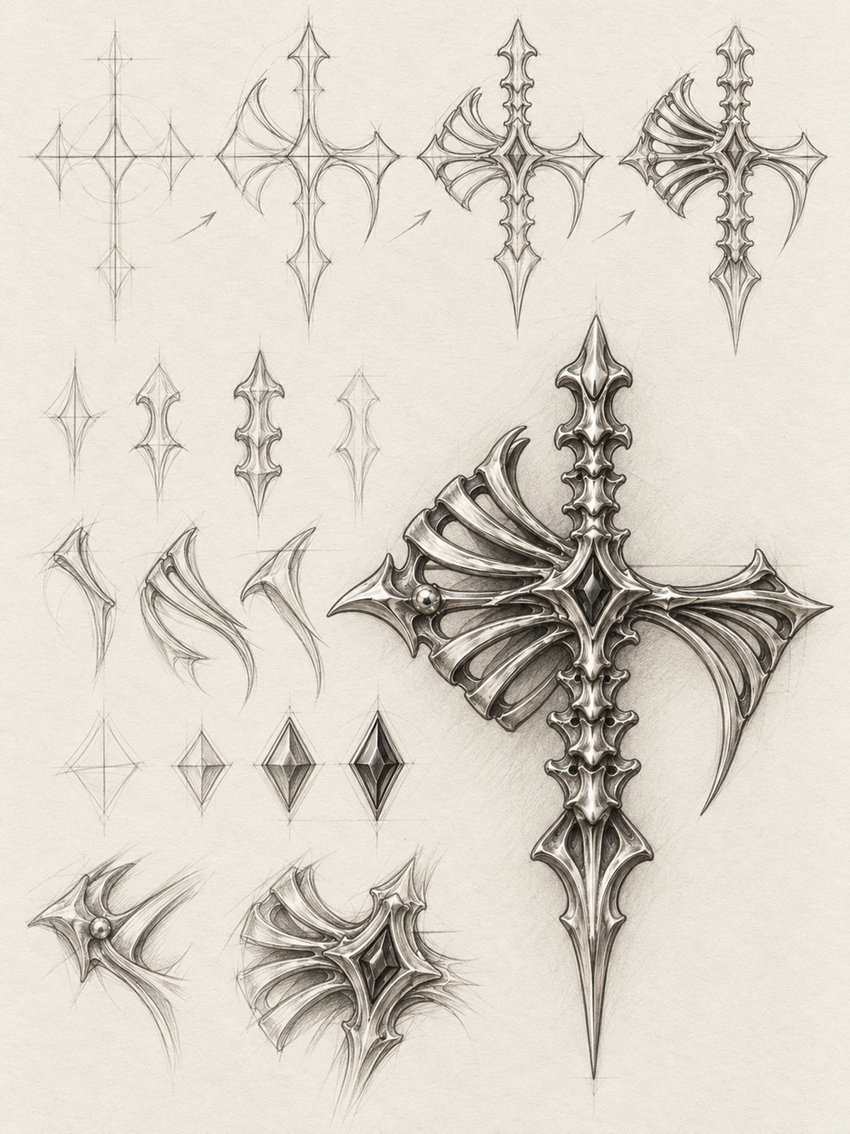 Hand-drawn architectural design sketch of a gothic skeleton cross brooch, illustrating anatomical bone structures and kite-cut black onyx placement by Kurga Atelier.
