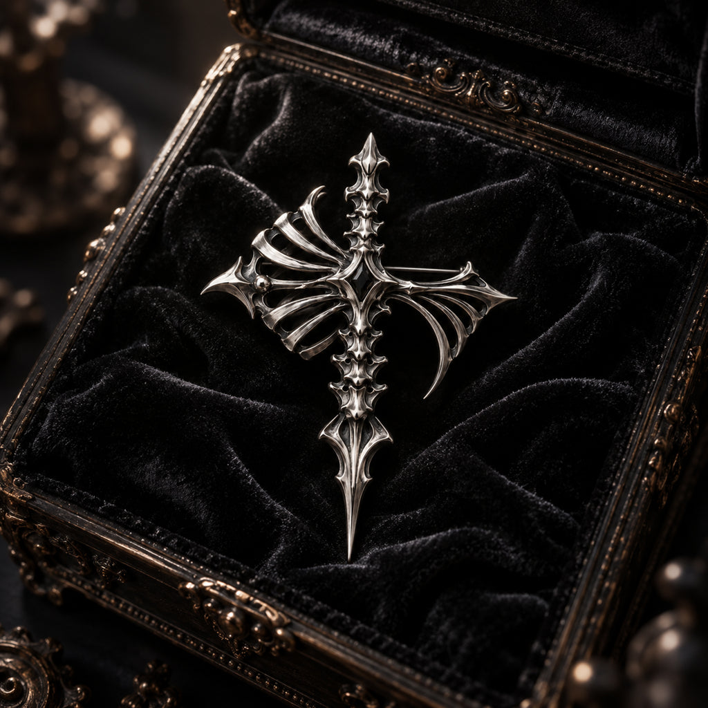 Gothic sterling silver cross brooch with black onyx gemstone resting inside an antique gold-embossed velvet jewelry casket, handcrafted dark luxury relic by Kurga Atelier.