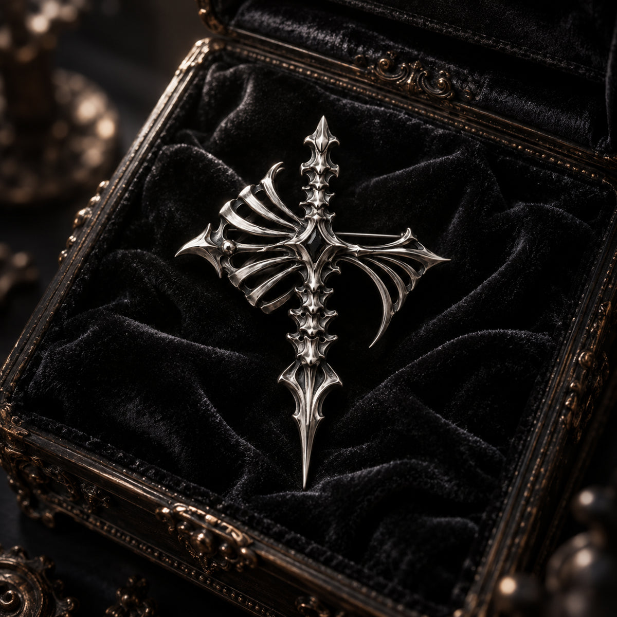 Gothic sterling silver cross brooch with black onyx gemstone resting inside an antique gold-embossed velvet jewelry casket, handcrafted dark luxury relic by Kurga Atelier.