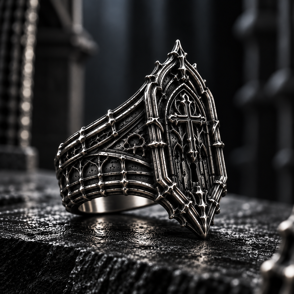 Detailed openwork gothic cathedral vault ring in oxidized 925 sterling silver by Kurga Atelier
