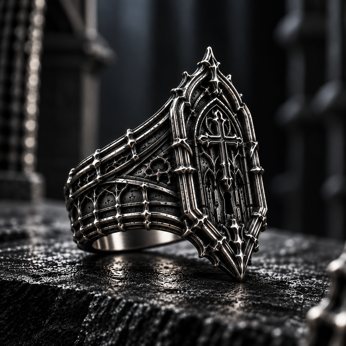 Detailed openwork gothic cathedral vault ring in oxidized 925 sterling silver by Kurga Atelier