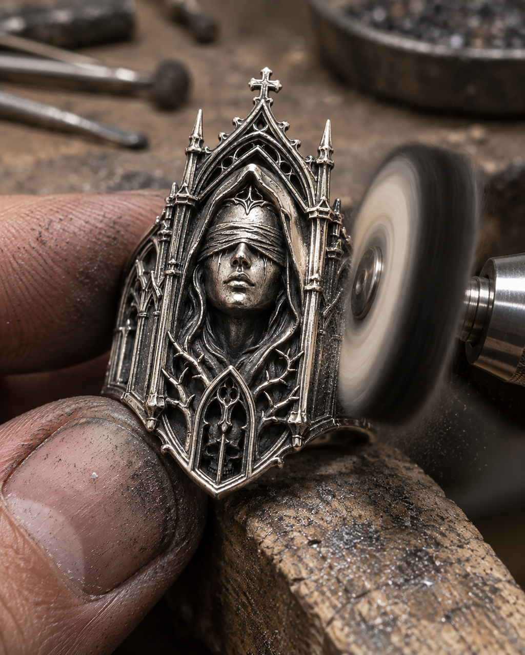 Kurga Atelier Artisan hand polishing – Polishing the oxidized highlights of the gothic cathedral ring.