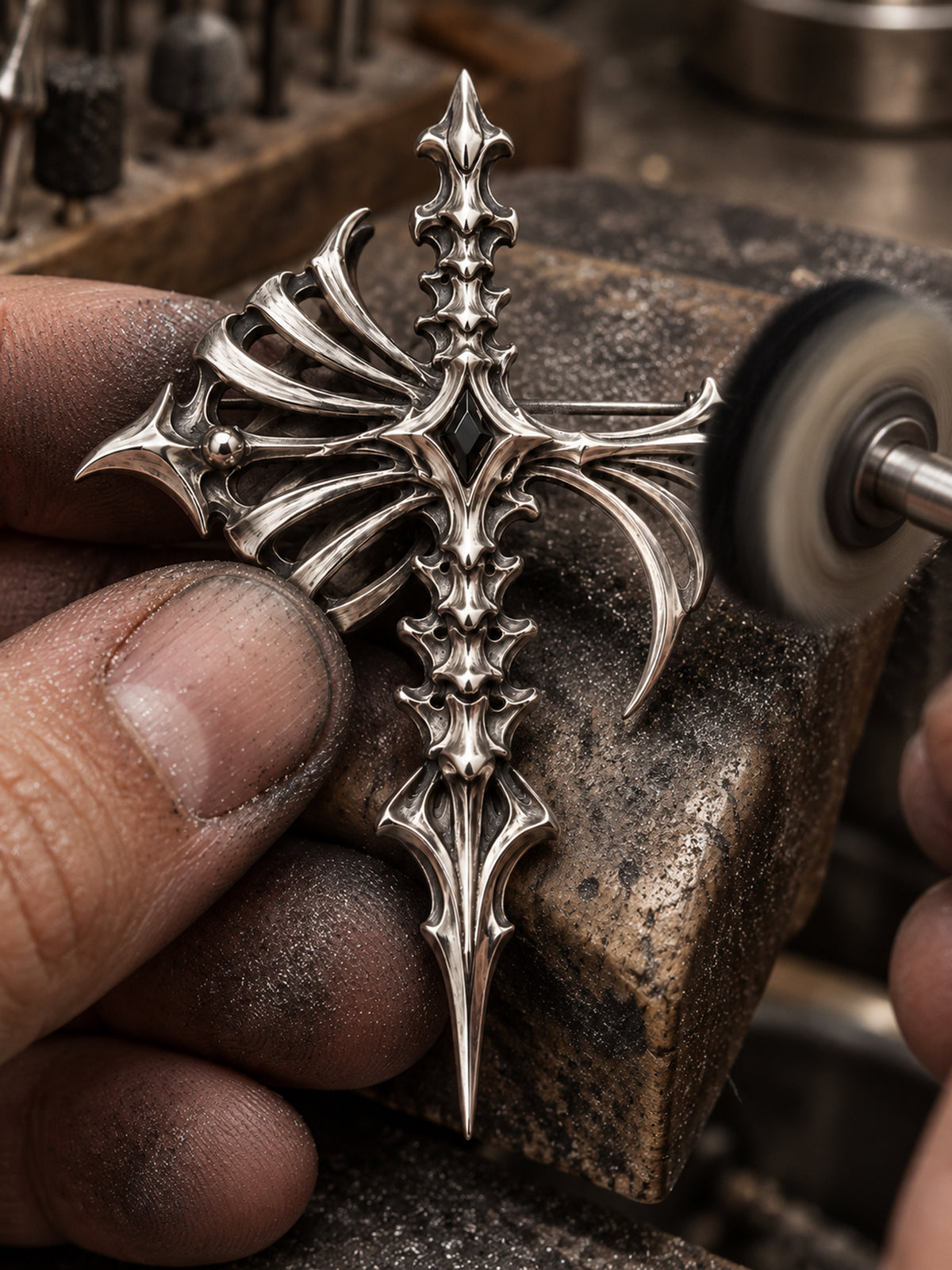Artisan hands hand-polishing a 925 sterling silver skeletal cross brooch using a rotary tool, showcasing deep oxidation and high-contrast brushed details by Kurga Atelier.