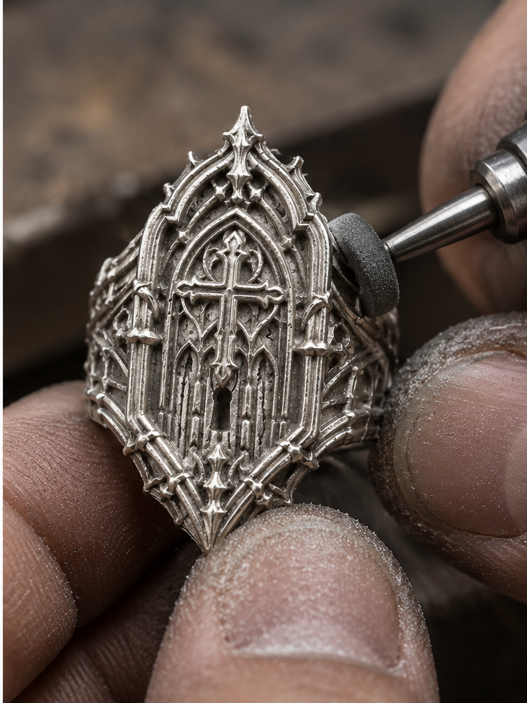 Artisan hand refining and polishing 925 sterling silver gothic cathedral ring at Kurga Atelier