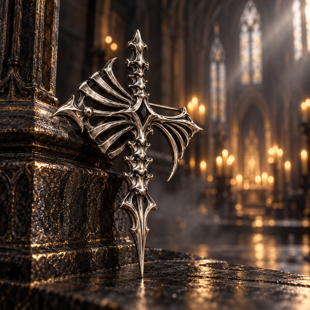 Handcrafted gothic skeleton cross brooch with black onyx stone placed against a gothic cathedral stone pillar, designed by Kurga Atelier for dark luxury jewelry collectors.
