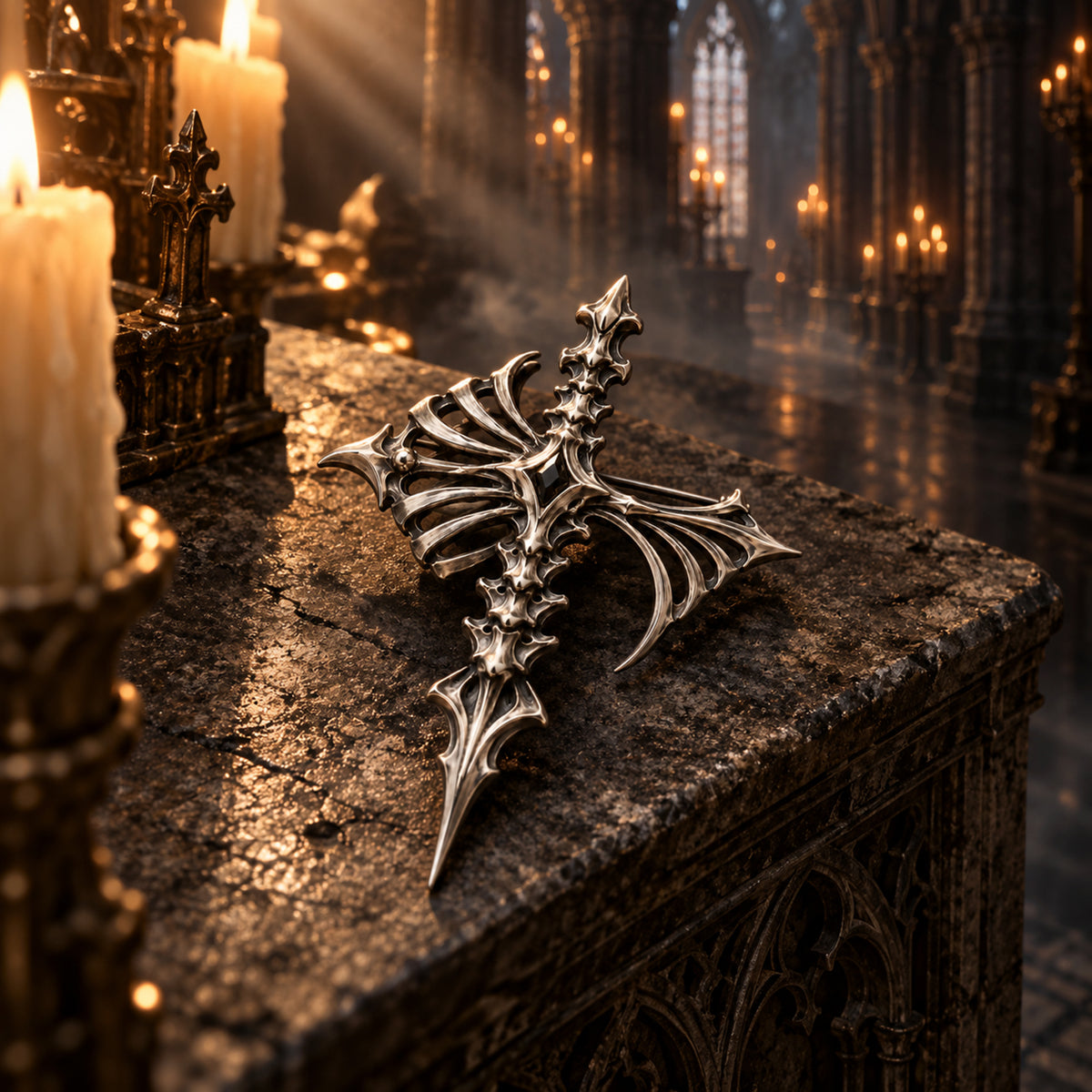 Gothic cathedral cross lapel pin with black onyx resting on an antique stone altar bathed in warm candlelight, wearable dark architectural relic designed by Kurga Atelier.