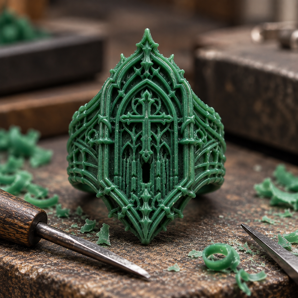 Hand carved green wax model of gothic cathedral cross ring before silver casting at Kurga Atelier