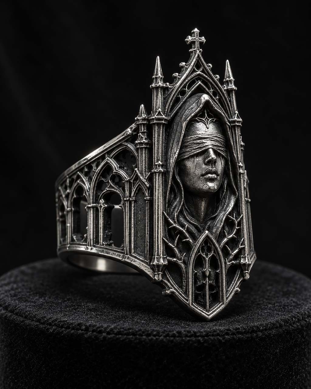 Kurga Atelier Gothic Cathedral Ring profile on black stand – Showcasing deep contrast oxidation and spires.