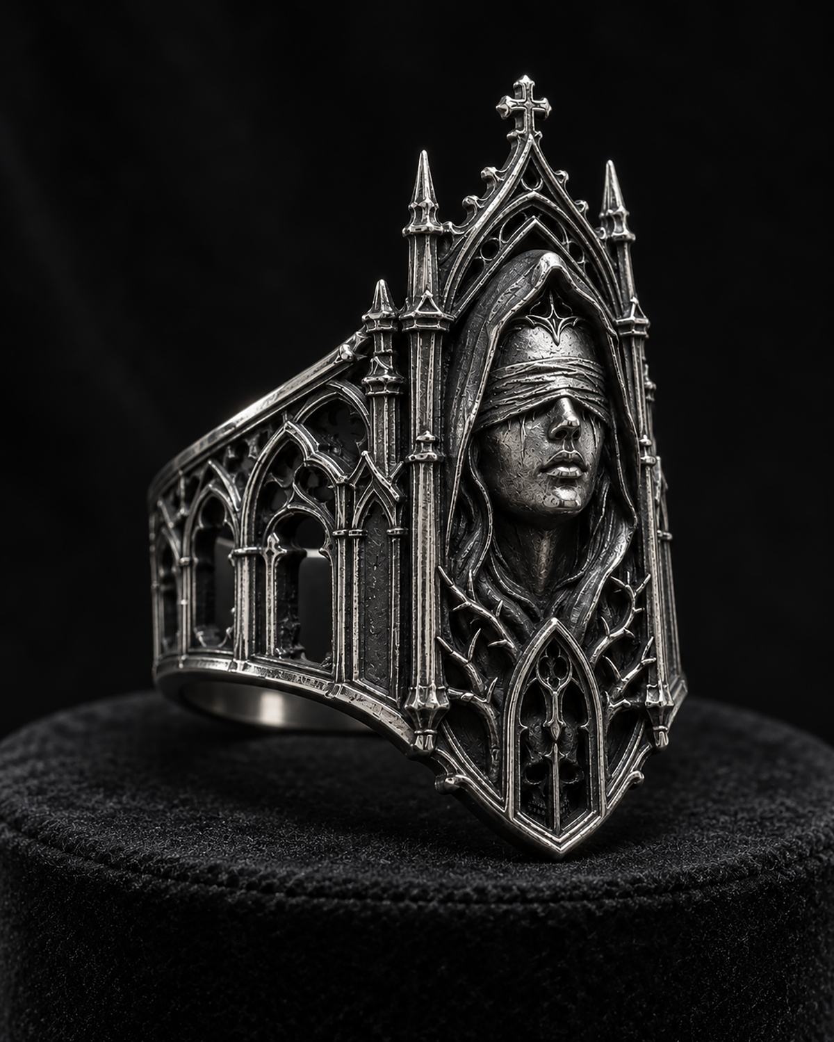 Kurga Atelier Gothic Cathedral Ring profile on black stand – Showcasing deep contrast oxidation and spires.