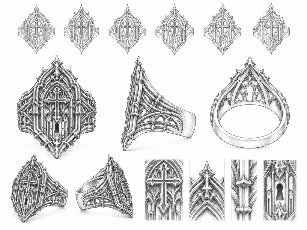 Hand drawn architectural blueprints and design sketches for Kurga Atelier gothic cathedral ring
