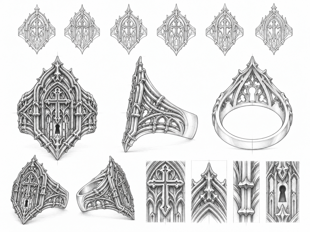 Hand drawn architectural blueprints and design sketches for Kurga Atelier gothic cathedral ring
