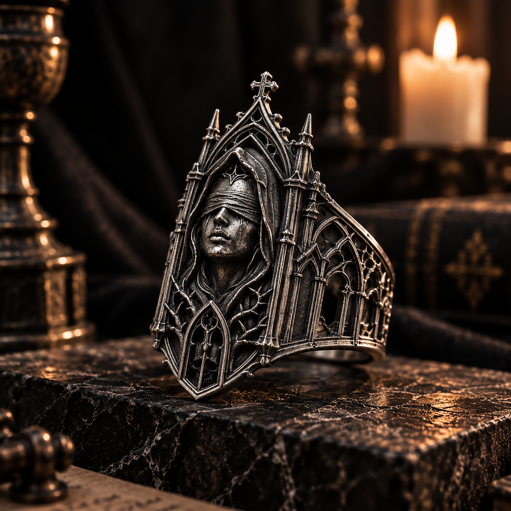 Kurga Atelier Gothic Cathedral Ring candlelit altar ambiance – Atmospheric macro display of the dark fantasy jewelry.