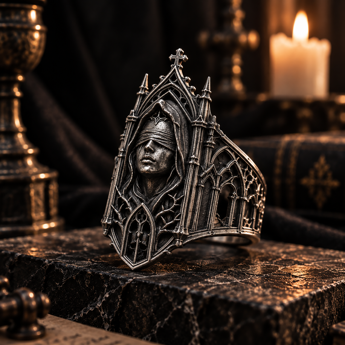 Kurga Atelier Gothic Cathedral Ring candlelit altar ambiance – Atmospheric macro display of the dark fantasy jewelry.