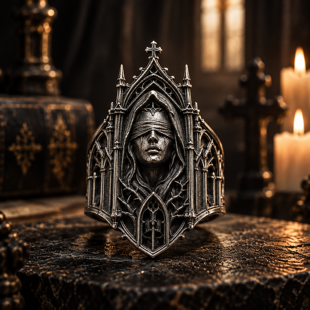 Kurga Atelier Gothic Cathedral Ring – Handmade 925 sterling silver architectural statement ring featuring a blindfolded saint and dark academic symbolism.