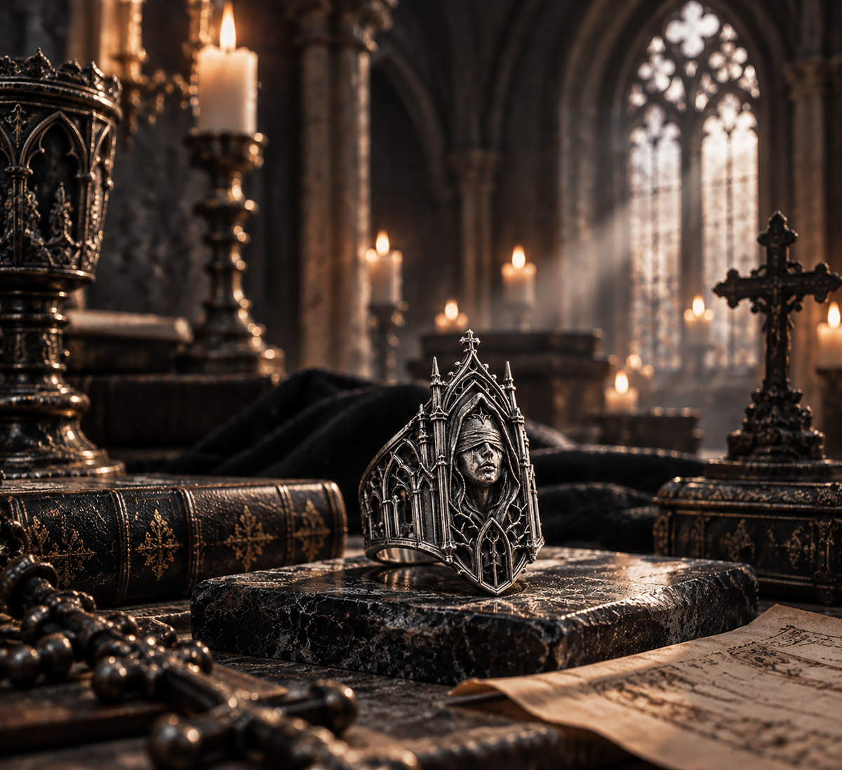 Kurga Atelier Gothic Cathedral Ring perspective on medieval stone – Architectural dark romance statement piece.