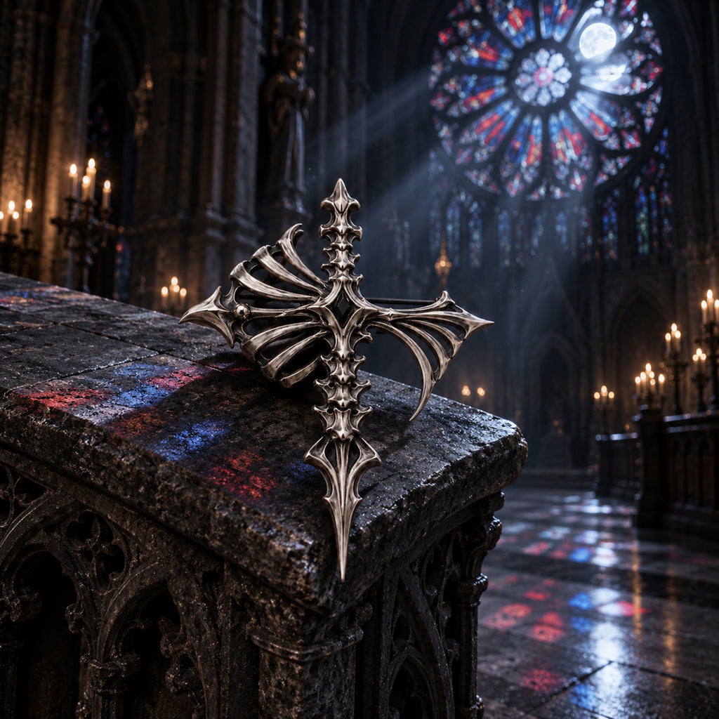 Gothic cathedral cross brooch displayed inside a dark gothic cathedral under a stained glass rose window, handcrafted 925 sterling silver statement pin by Kurga Atelier.