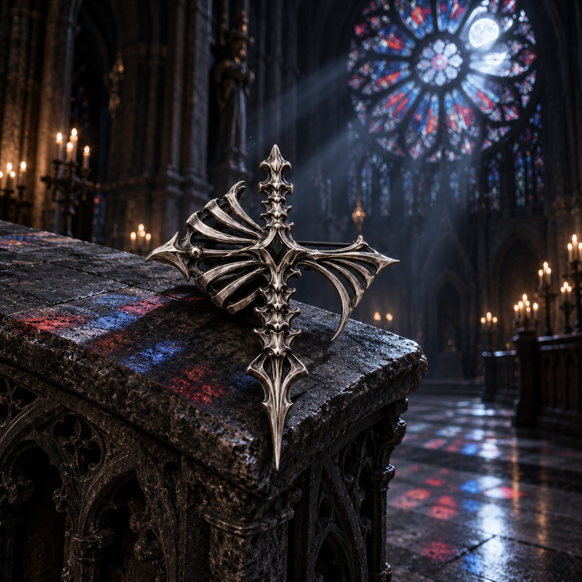 Gothic cathedral cross brooch displayed inside a dark gothic cathedral under a stained glass rose window, handcrafted 925 sterling silver statement pin by Kurga Atelier.