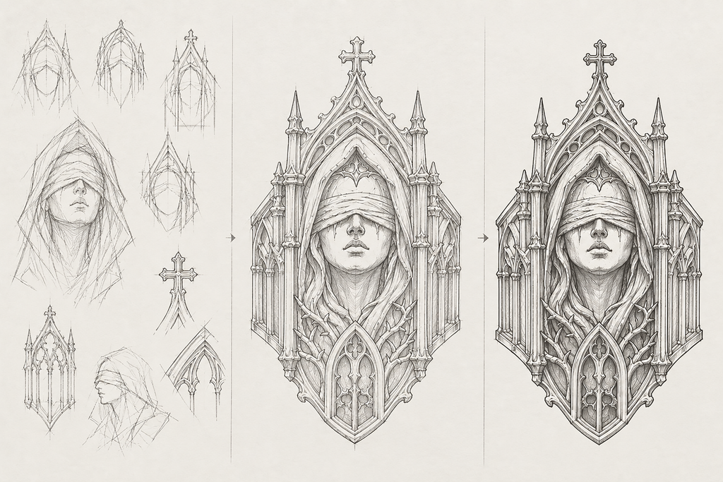 Kurga Atelier Gothic Cathedral Ring concept design sketch – Original dark academic jewelry illustration.