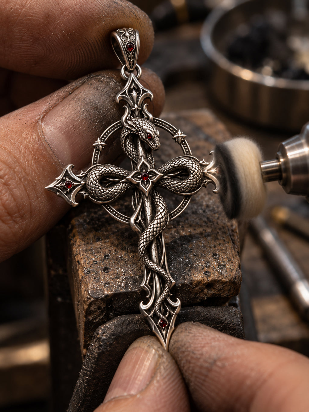 Artisan hand-polishing Kurga Atelier 925 sterling silver gothic snake cross pendant with rotation tool, creating high-contrast oxidized shadows and bright polished highlights.