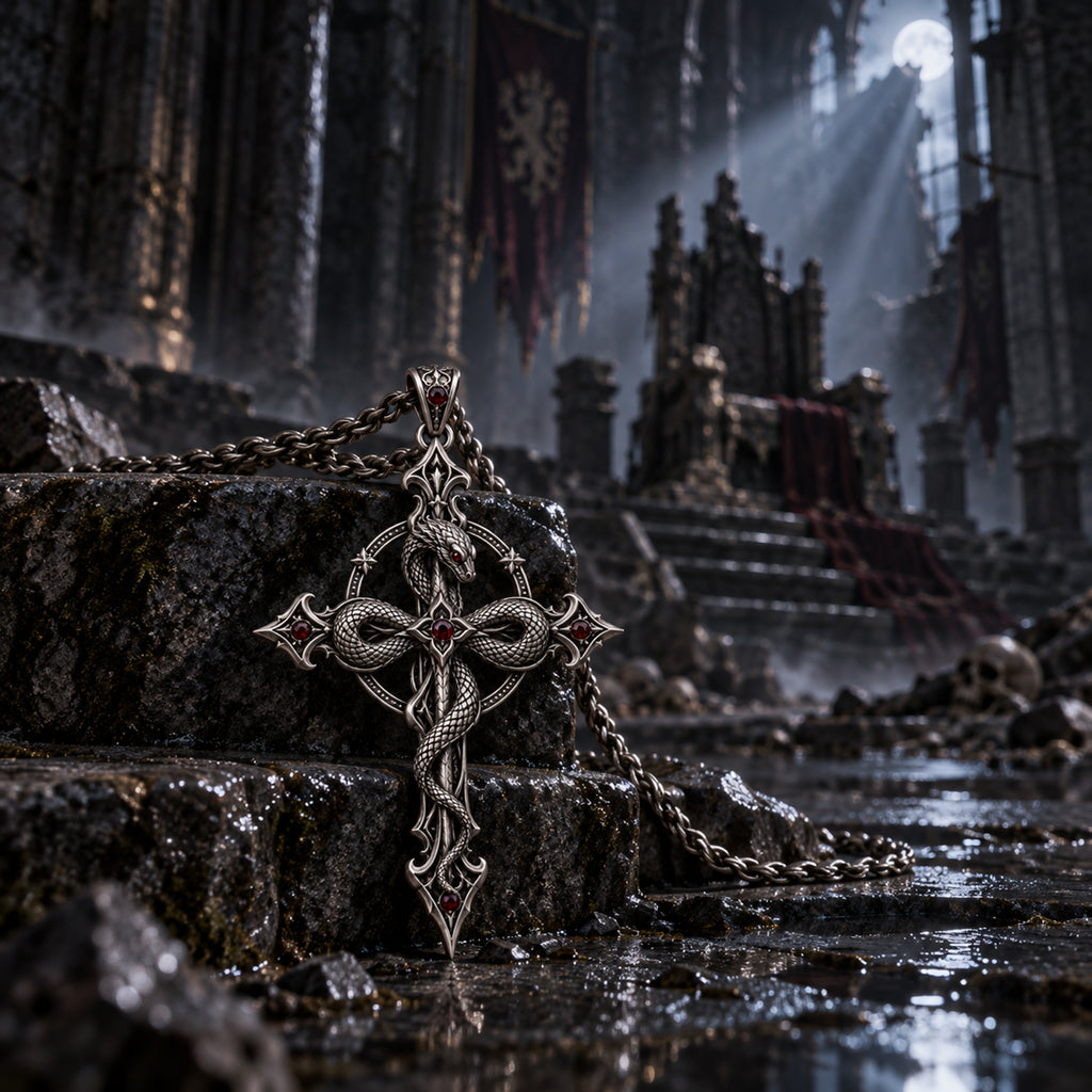 Gothic cathedral relic cross pendant with intricate snake carving and crimson stones by Kurga Atelier, set on stone stairs inside a dark ruined castle throne room with skulls.