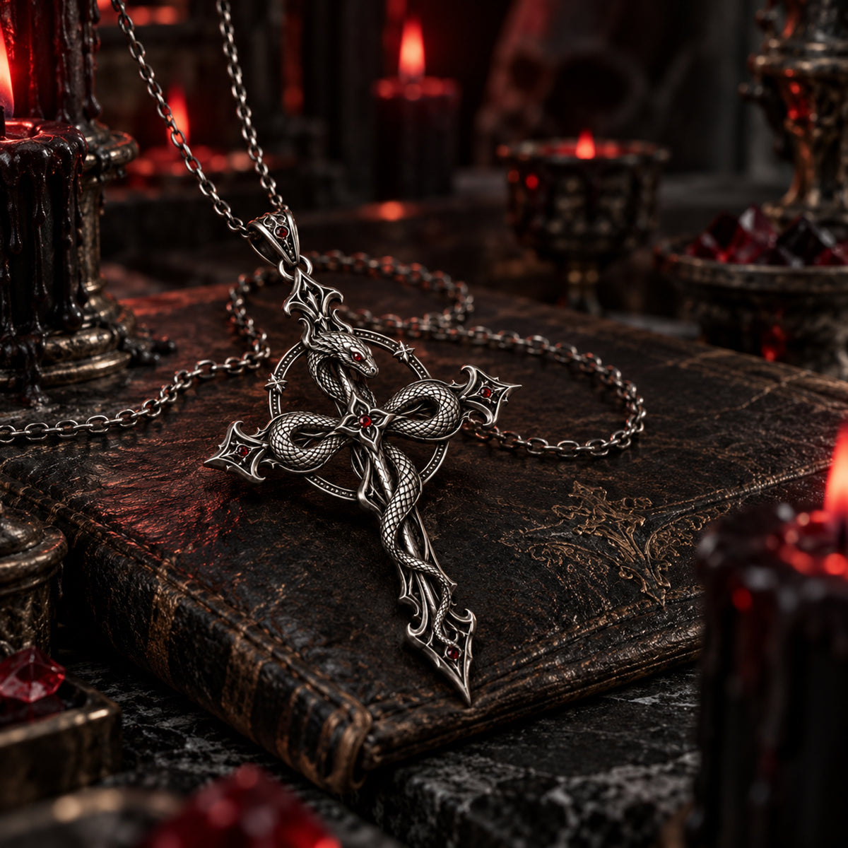 Oxidized sterling silver snake cross necklace with ruby red accents by Kurga Atelier, displayed on an ancient leather grimoire book surrounded by atmospheric dark candlelights.
