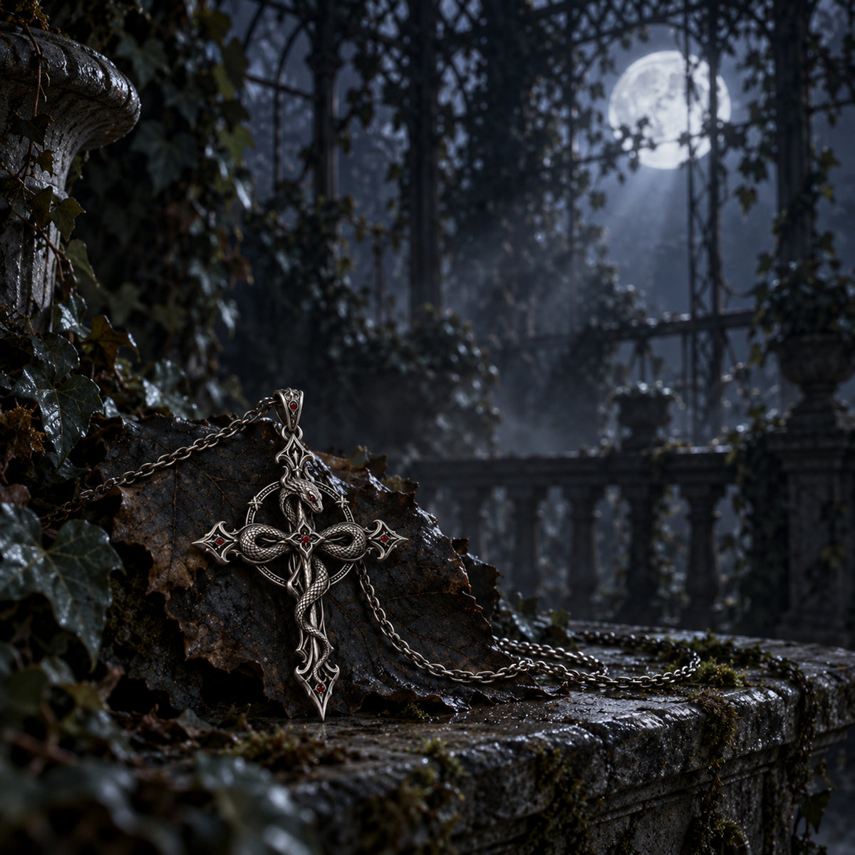Handcrafted 925 sterling silver gothic snake cross pendant by Kurga Atelier resting on autumn leaves at a moonlit stone balcony overlooking a foggy gothic cathedral ruins.