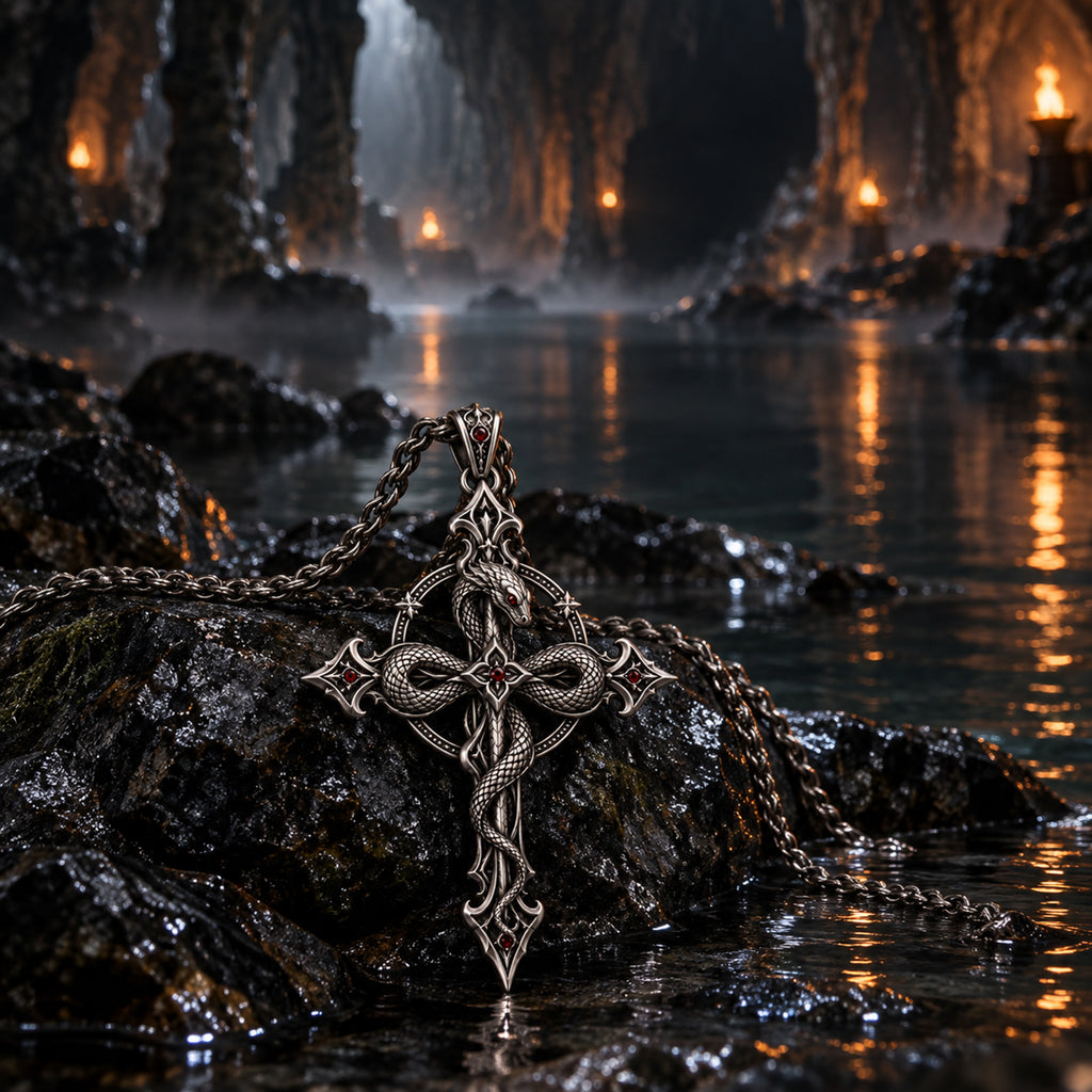 Heavy solid sterling silver gothic snake cross necklace by Kurga Atelier on a wet rock beside an underground cave stream, capturing dark romanticism and occult relic vibe.