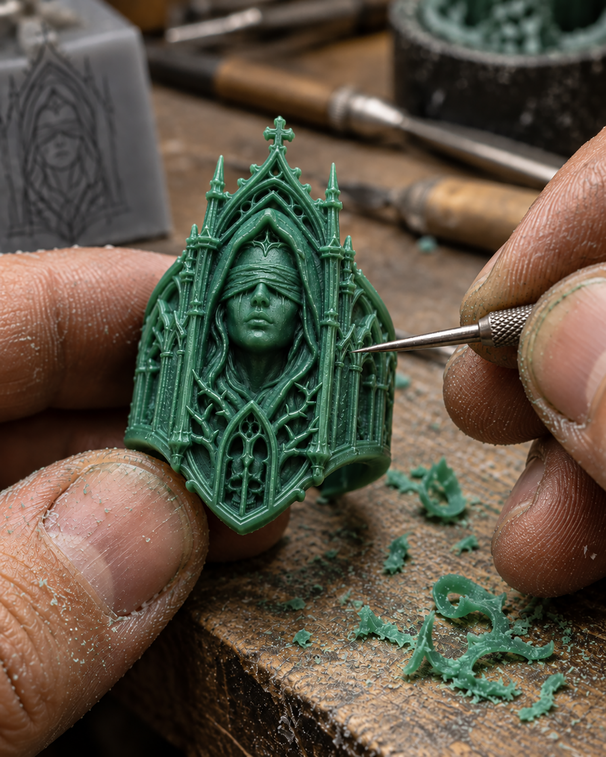 Kurga Atelier Artisan crafting process – Wax carving the intricate details of the gothic architectural ring.