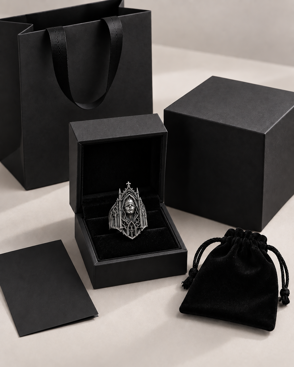 Kurga Atelier Luxury jewelry packaging set – Black velvet box and gift presentation for the gothic ring.