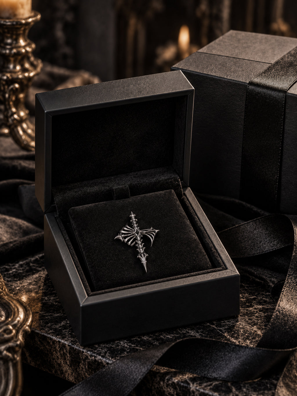 Kurga Atelier luxury black velvet packaging box featuring a 925 sterling silver skeletal cross brooch, perfect for dark academia gifts and gothic jewelry packaging.