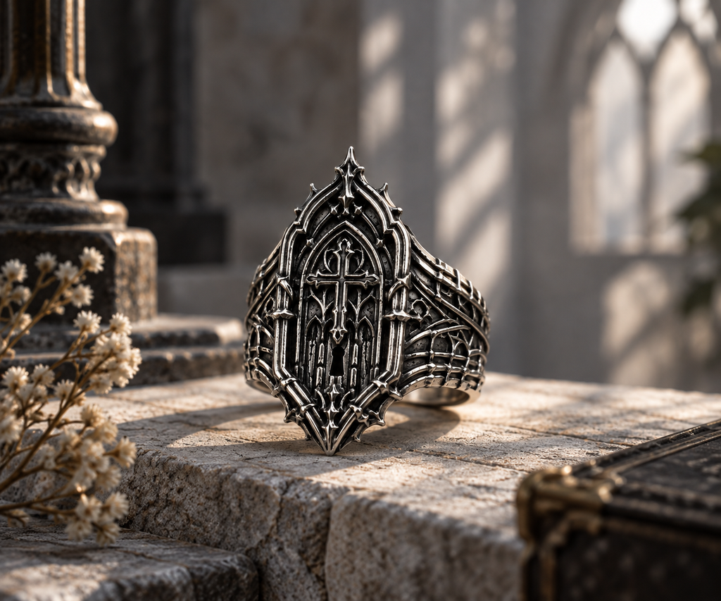 Medieval gothic cross signet ring resting on cathedral stone ledge by Kurga Atelier