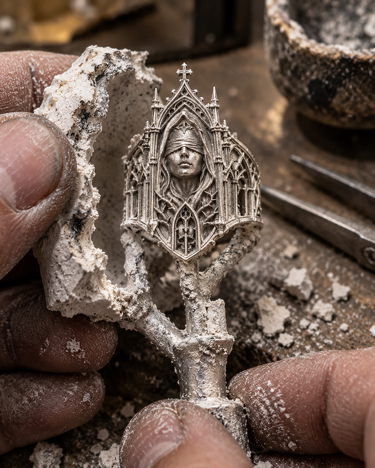 Kurga Atelier Silversmith casting process – Raw sterling silver casting tree of the cathedral ring.